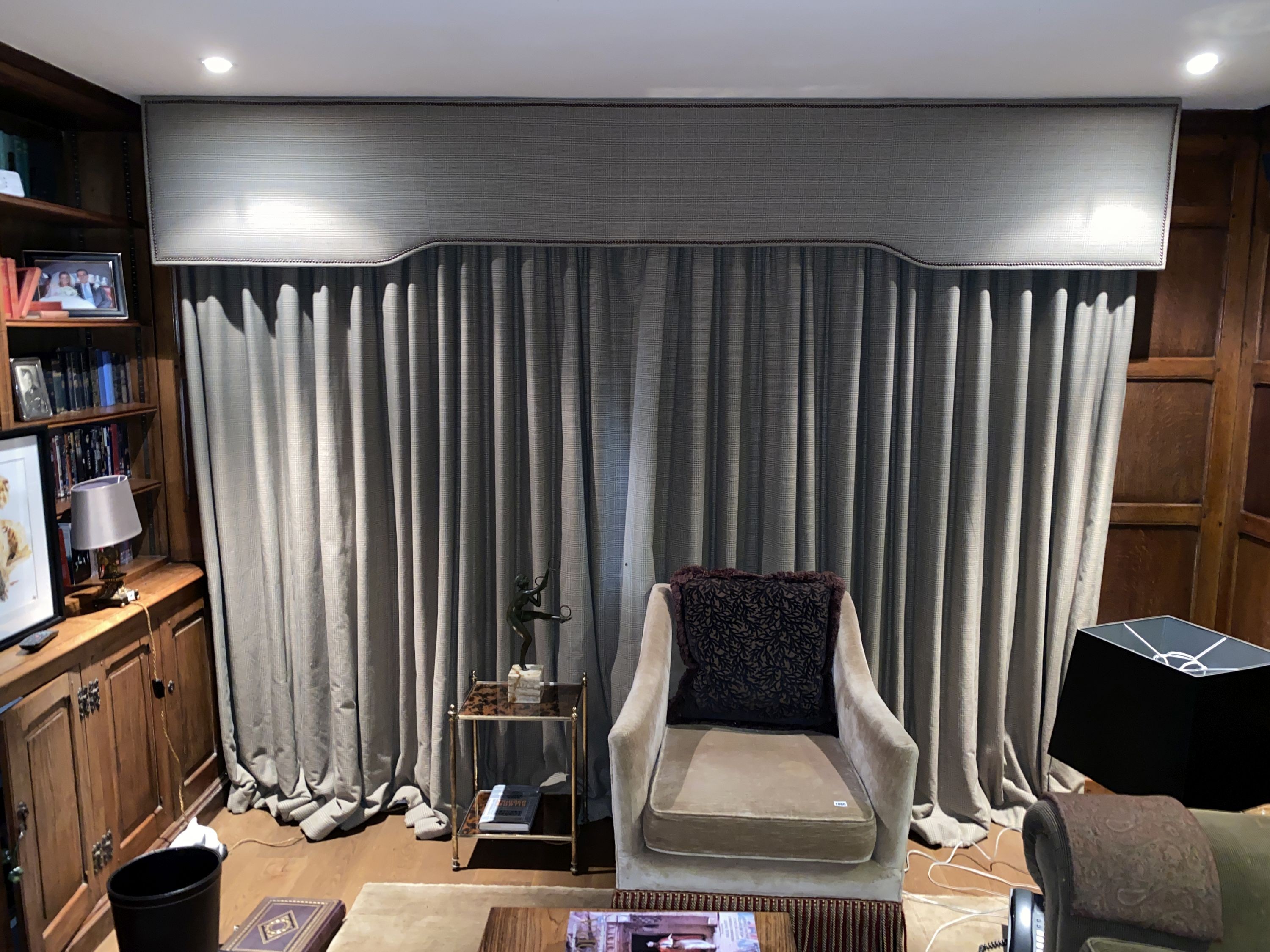 A pair of Ralph Lauren tweed fabric curtains and pelmet, drop 230cm width made to generously made to fit an aperture of 3m